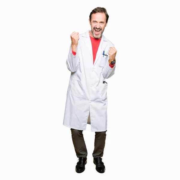 Middle Age Therapist Wearing White Coat Very Happy Excited Doing — Stock Photo, Image