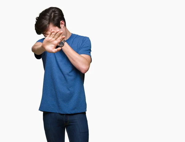 Giovane Bell Uomo Che Indossa Shirt Blu Sfondo Isolato Coprendo — Foto Stock