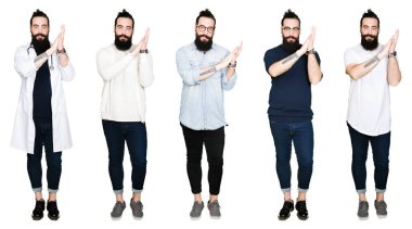 Collage of young man with beard and long hair over white isolated background Clapping and applauding happy and joyful, smiling proud hands together