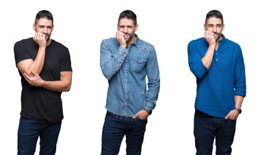 Beyaz izole arka plan üzerinde yakışıklı adam kolaj vurguladı ve ağız ısırma tırnaklar eller ile gergin bakıyor. Anksiyete sorunu.