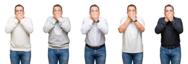 Arap orta yaş adam izole arka plan ağız hata için elleriyle kapsayan şok bileşimi. Gizli kavramı.