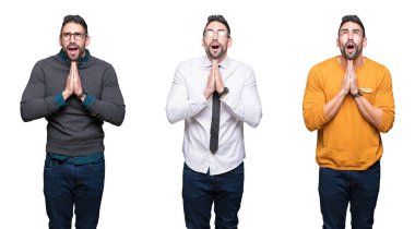 Beyaz izole arka plan üzerinde yakışıklı adam kolaj yalvarıyor ve el ile birlikte umut ifade yüz çok duygusal ve endişeli ile dua. Affedilmesini istiyorum. Din konsepti.