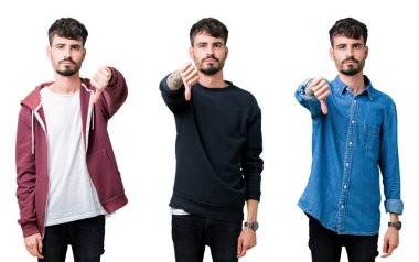 Mutsuz ve kızgın ret gösterilen ve başparmak aşağı hareketi ile negatif seyir izole arka plan üzerinde genç adam kolaj. Kötü ifade.