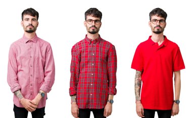 İzole arka planda gözlük takan genç adam kolaj yüzünde ciddi bir ifade ile rahat. Basit ve doğal kamera bakıyor.