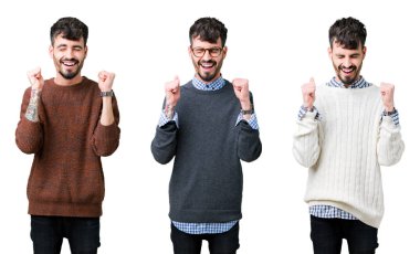 İzole arka plan üzerinde bir kazak giyen genç adam kolaj zafer gülümseyen kutlamak yükseltilmiş silah ile başarı için heyecanlı. Kazanan kavramı.