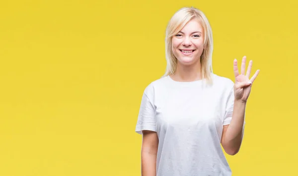 Ung Vacker Blond Kvinna Som Bär Vit Shirt Över Isolerade — Stockfoto