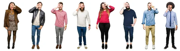 Collage Von Menschen Vor Weißem Isoliertem Hintergrund Die Mit Lächelnder — Stockfoto