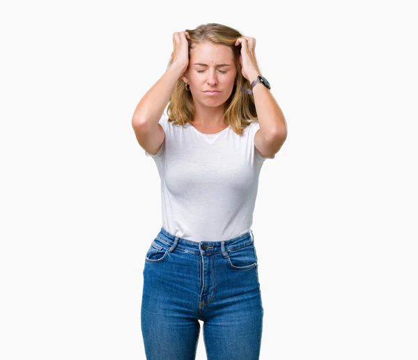 Beautiful Young Woman Wearing Casual White Shirt Isolated Background Suffering — Stock Photo, Image