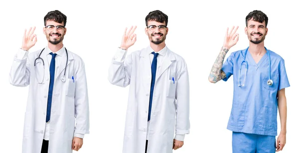Colagem Homem Médico Vestindo Casaco Médico Sobre Fundo Isolado Sorrindo — Fotografia de Stock