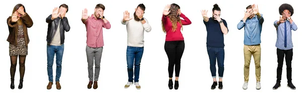 拼贴的人在白色孤立的背景覆盖眼睛用手和做停止手势与悲伤和恐惧的表情 尴尬和消极的概念 — 图库照片