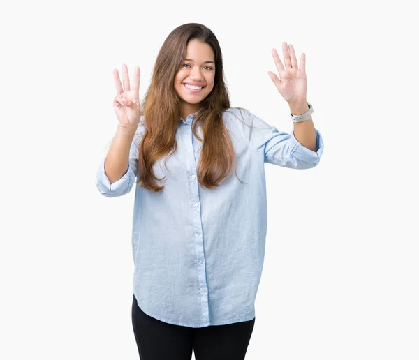 Joven Hermosa Mujer Negocios Morena Sobre Fondo Aislado Mostrando Apuntando — Foto de Stock