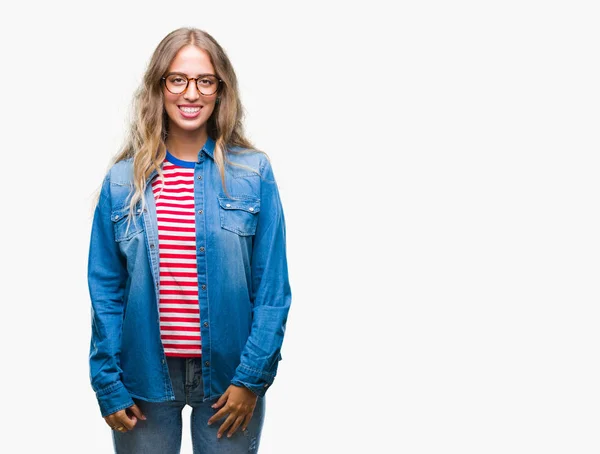 Beautiful Young Blonde Woman Wearing Glasses Isolated Background Happy Cool — Stock Photo, Image