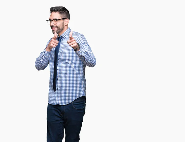 Joven Hombre Negocios Con Gafas Sobre Fondo Aislado Señalando Los — Foto de Stock