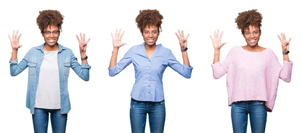 Collage Joven Hermosa Chica Africana Sobre Fondo Aislado Mostrando Apuntando — Foto de Stock