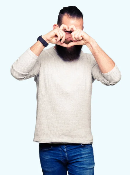 Young Blond Man Wearing Casual Sweater Doing Heart Shape Hand — Stock Photo, Image