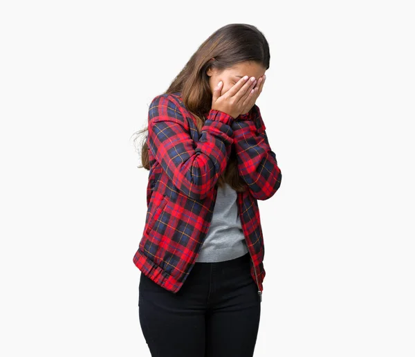 Young Beautiful Brunette Woman Wearing Jacket Isolated Background Sad Expression — Stock Photo, Image