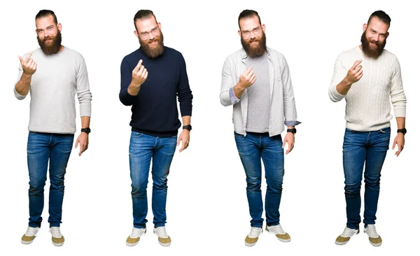 Collage Van Jonge Man Met Bun Witte Geïsoleerde Achtergrond Wenkende — Stockfoto