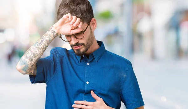 Young Handsome Man Wearing Glasses Isolated Background Touching Forehead Illness — Stock Photo, Image