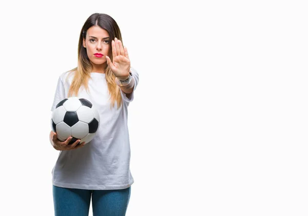 Jovem Bela Mulher Segurando Bola Futebol Sobre Fundo Isolado Com — Fotografia de Stock