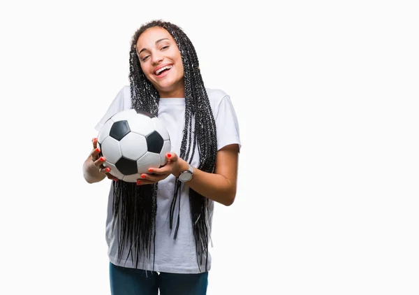 Joven Chica Afroamericana Trenzada Pelo Sosteniendo Pelota Fútbol Sobre Fondo —  Fotos de Stock