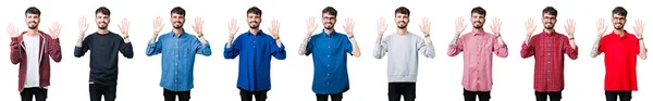 Коллаж Молодого Человека Изолированном Фоне Показывает Указывает Пальцами Номер Десять — стоковое фото
