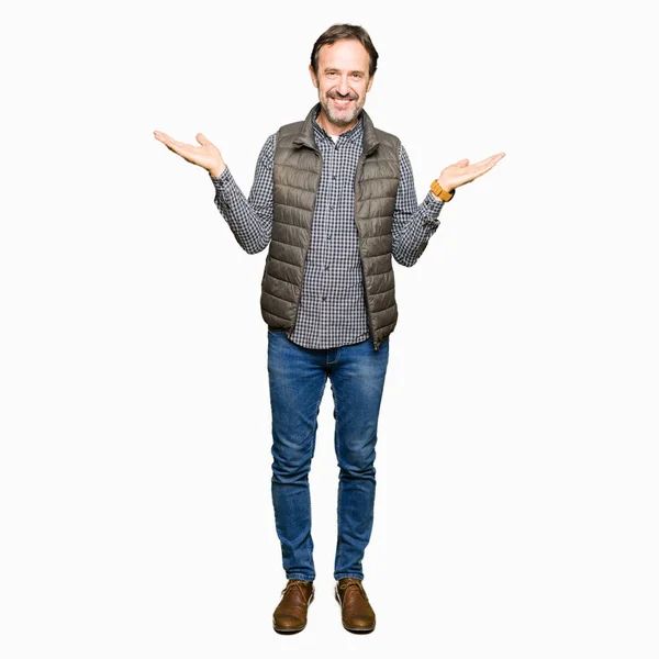 Middle Age Handsome Man Wearing Winter Vest Smiling Showing Both — Stock Photo, Image