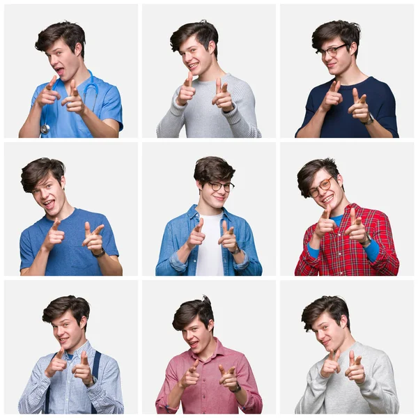 Коллаж Молодого Человека Белом Изолированном Фоне Указывающий Пальцами Камеру Счастливым — стоковое фото