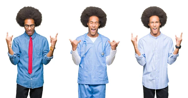 Colagem Jovem Com Cabelo Afro Sobre Fundo Isolado Branco Gritando — Fotografia de Stock