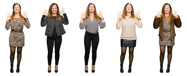 Collage Mujer Elegante Mediana Edad Sobre Fondo Blanco Aislado Relajarse — Foto de Stock