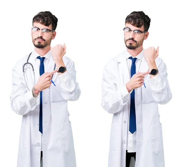 Collage Young Doctor Man Wearing Medical Coat Hurry Pointing Watch — Stock Photo, Image