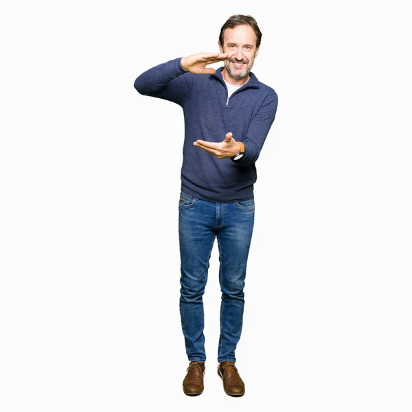 Middle Age Handsome Man Wearing Sweater Gesturing Hands Showing Big — Stock Photo, Image