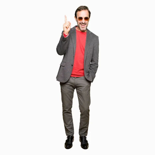 Middle Age Handsome Business Man Wearing Sunglasses Pointing Finger Successful — Stock Photo, Image