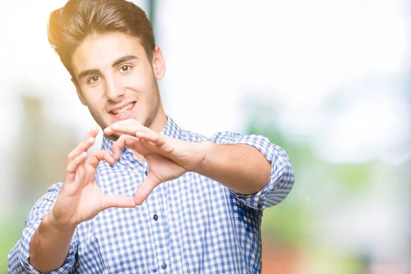 Unga Stiliga Affärsman Över Isolerade Bakgrund Leende Kärlek Visar Hjärtsymbolen — Stockfoto