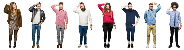 Collage Personas Sobre Fondo Blanco Aislado Confunden Preguntan Acerca Pregunta —  Fotos de Stock