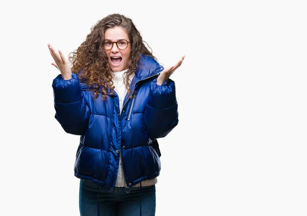 Hermosa Joven Morena Pelo Rizado Chica Con Abrigo Invierno Gafas —  Fotos de Stock