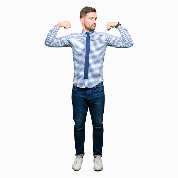 Handsome Business Man Wearing Tie Showing Arms Muscles Smiling Proud — Stock Photo, Image