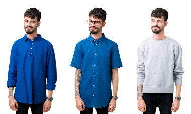 Seksi ifade, neşeli ve mutlu yüz ile kamera bakarak izole arka plan üzerinde genç adam kolaj.