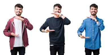 Kolaj izole arka plan ile büyük ve büyük boy işaret, ölçü birimi sembol gösteren el eller genç adam. Kameraya bakarak gülümsüyordu. Ölçüm kavramı.