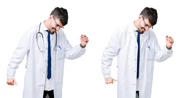 Κολάζ Νεαρός Γιατρός Άντρας Φορώντας Ιατρικό Παλτό Χορεύοντας Ευτυχισμένος Και — Φωτογραφία Αρχείου