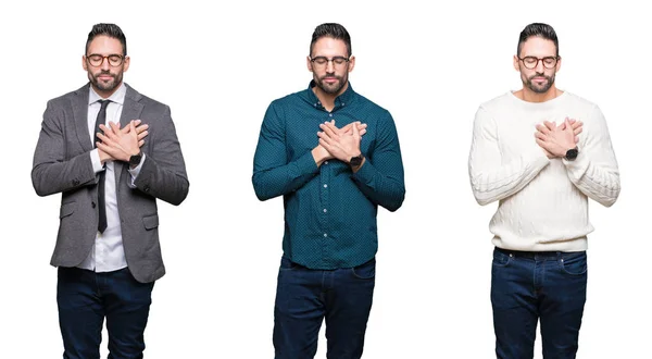 Colagem Homem Negócios Bonito Sobre Fundo Isolado Branco Sorrindo Com — Fotografia de Stock