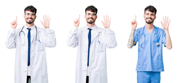 Коллаж Доктора Человека Медицинском Пальто Изолированном Фоне Показывая Показывая Пальцами — стоковое фото