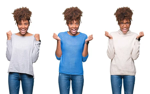 Collage Van Jonge Mooie Afrikaanse Meisje Geïsoleerde Achtergrond Vieren Verrast — Stockfoto