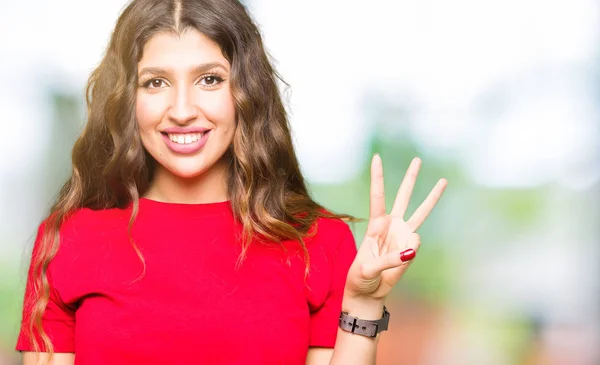 Junge Schöne Frau Lässigem Shirt Zeigt Und Zeigt Mit Fingern — Stockfoto