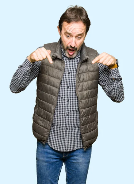 Middle Age Handsome Man Wearing Winter Vest Pointing Fingers Showing — Stock Photo, Image