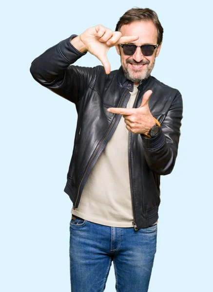 Middle Age Handsome Man Wearing Sunglasses Black Leather Jacket Smiling — Stock Photo, Image