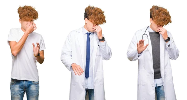 Collage Joven Doctor Vestido Con Abrigo Médico Sobre Fondo Blanco —  Fotos de Stock