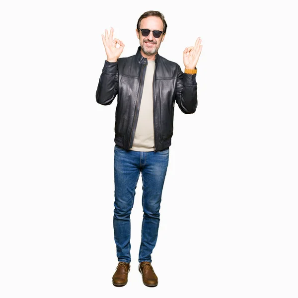 Middle Age Handsome Man Wearing Sunglasses Black Leather Jacket Relax — Stock Photo, Image