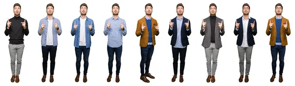 Koláž Pohledný Mladý Obchodní Muž Nosí Různé Vypadá Nad Pozadím — Stock fotografie