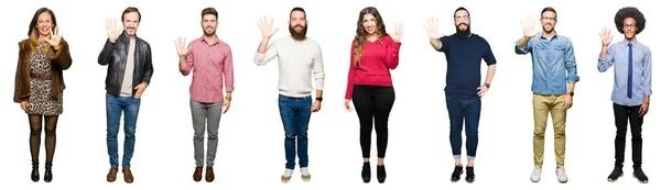 Коллаж Людей Белом Изолированном Фоне Показывающий Указывающий Пальцами Номер Пять — стоковое фото