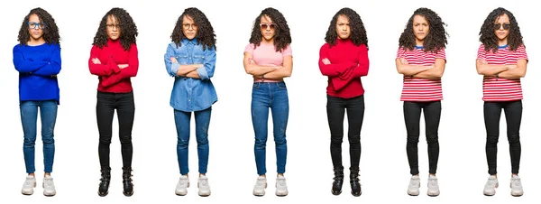 Collage Beautiful Young Woman Curly Hair White Isolated Background Skeptic — Stock Photo, Image